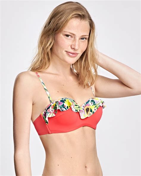 Top Bikini Bandeau Con Copa C Liso Y Volante Estampado Bikini Bikini