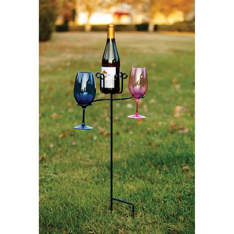Picnic Plus Wrought Iron Wine Bottle And Glass Ground Stake Black Wine Glass Wine Bottle