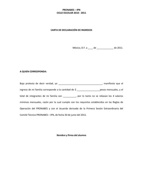 Carta De DeclaraciÓn De Ingresos Política Gobierno Prueba