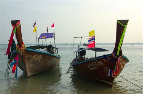 Traditional Thai Boat On Railay Beach Krabi Province Thailand
