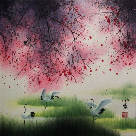 Four Seasons Cranes Chinese Watercolor Painting Chinese Landscape
