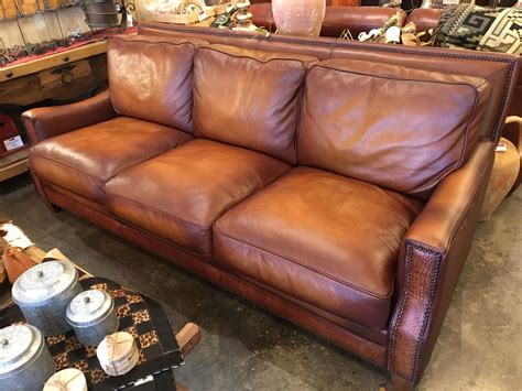 Fully Custom 100top Grain Leather Sofa In Cognac With Croc Accents