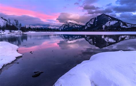Wallpaper Winter Snow Mountains Lake Reflection Canada Albert
