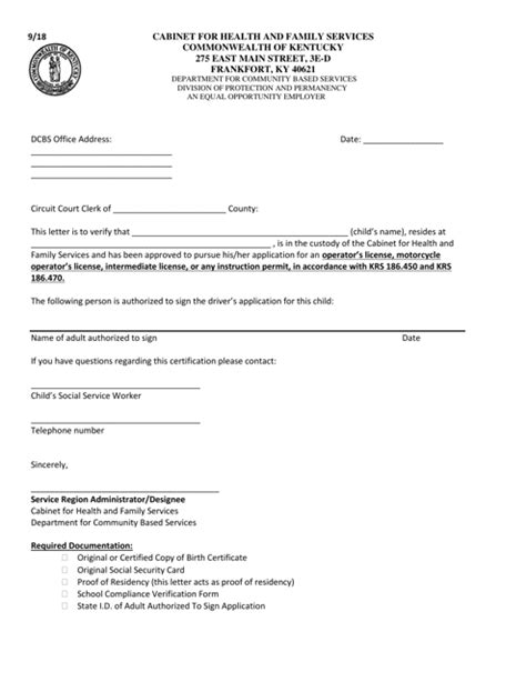Kentucky Custody Verification Letter Learners Permit Fill Out