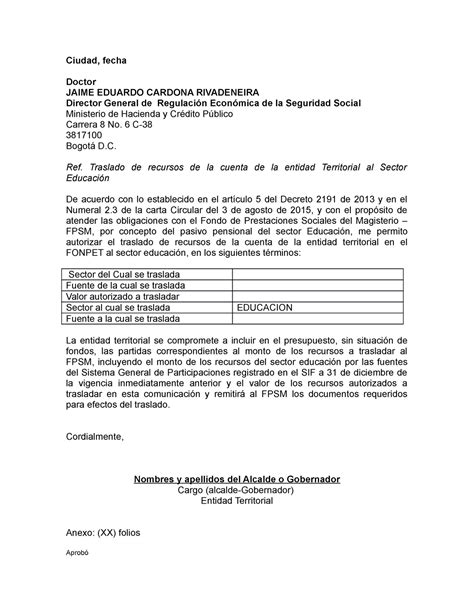 Modelo Carta Autorizacion Traslado Ciudad Fecha Doctor Jaime Eduardo