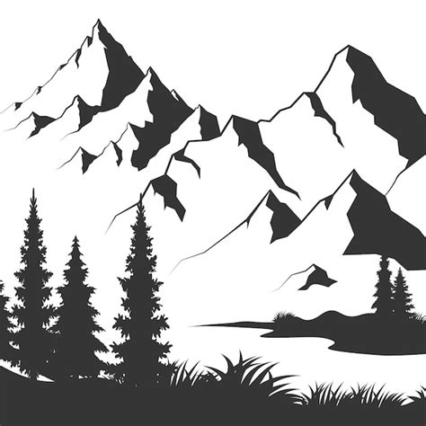 Premium Vector Mountain Pond Graphic Black White Landscape Sketch Illustration Vector