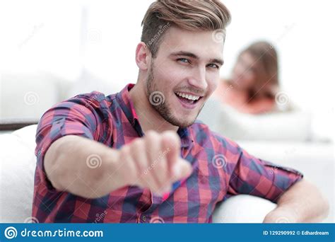 Closeup Of Happy Young Man Showing Forward Stock Photo Image Of