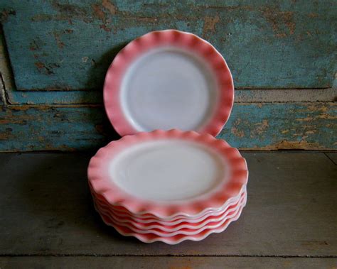 Set Of Pink Ruffle Dinner Plates Hazel Atlas Crinoline Vintage By