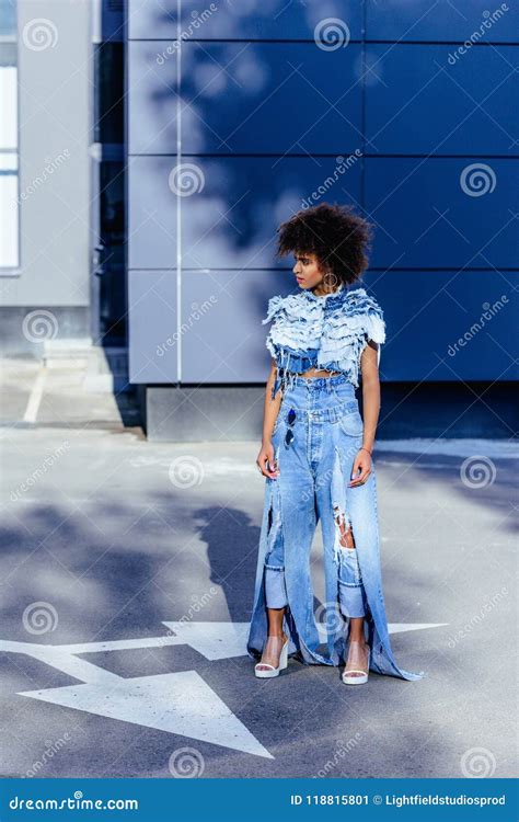 Fashionable African American Model Posing In Denim Clothes Stock Image Image Of Blue City