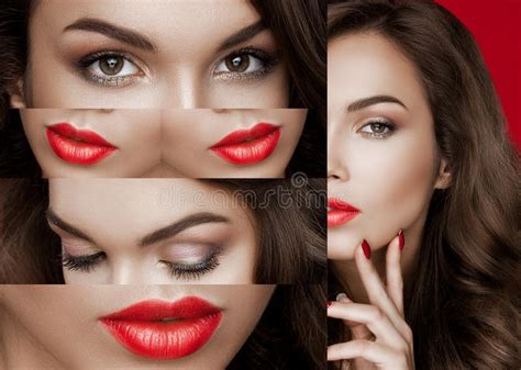 Girl Fashion Model With Bright Makeup And Red Manicure On The Nails