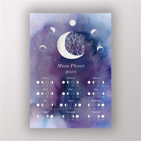 Printable Lunar Calendar 2023 Watercolor Moon Phases Etsy