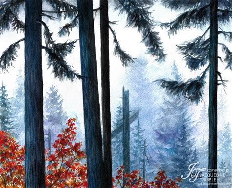 Watercolor Print Pacific Northwest Forest Autumn Foliage Misty Pnw