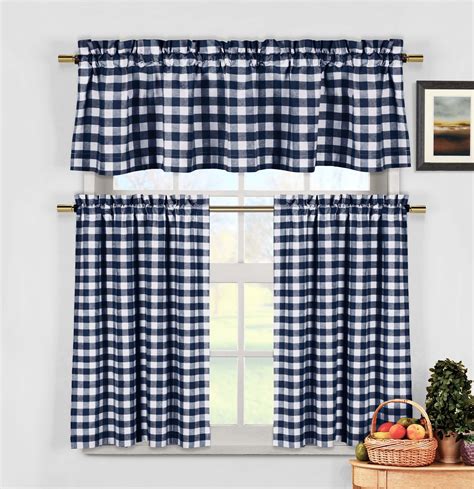 Navy Blue 3 Piece Gingham Check Kitchen Window Curtain Set Plaid