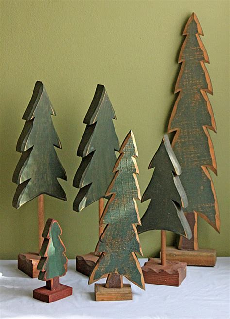 Rustic Wooden Christmas Trees On Stands Hand Carved And Painted