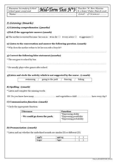 Mid Term Test N3 4th Form Tunisia English Esl Worksheets Pdf And Doc