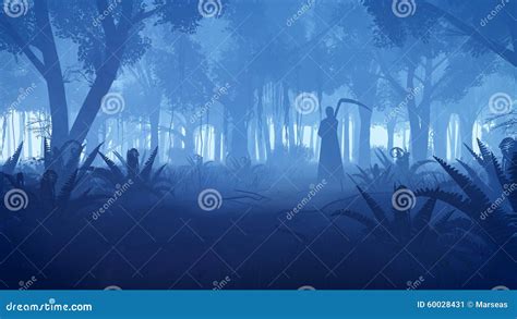 Creepy Night Forest With Grim Reaper Silhouette Stock Image Image Of