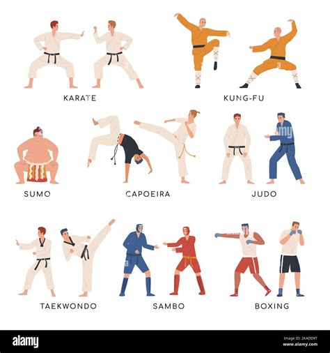 Fighters Flat Icons Set With Karate Taekwondo And Other Martial Arts