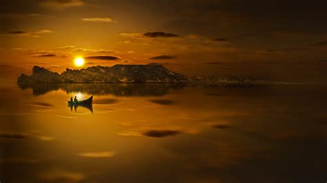 2560x1440 Boat Evening Lake Sunset Silhouette Reflection Sunset 1440p