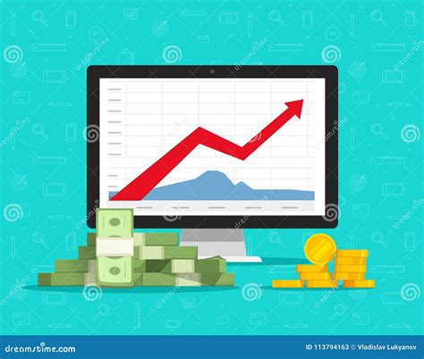 Computer With Stocks Graphs And Money Vector Illustration Flat Cartoon