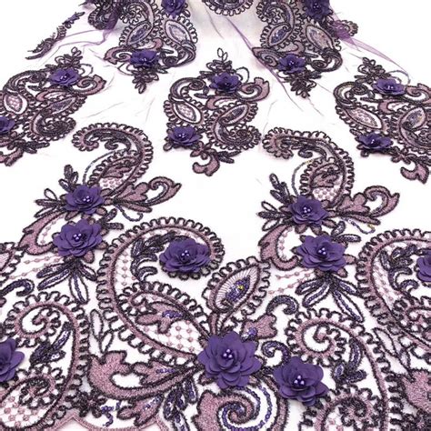 Elegant Purple Tulle Lace Sequins Embroidery 3d Flowers Beaded Fabric