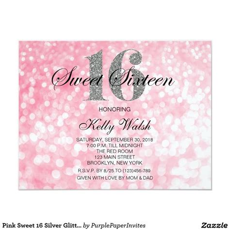 Pink And Silver Glitter Sweet Sixteen Birthday Party Card With The