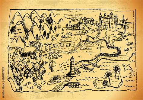 Old Style Hand Drawn A Map With Landscapes Mountains Forest Sea