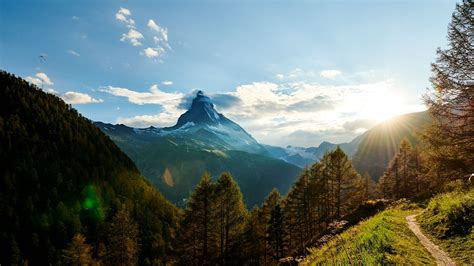 Swiss Alps Switzerland Snowy Peak Mountains Field Trees Landscape