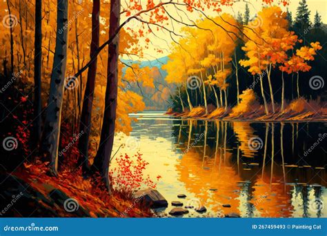 Oil Painting Landscape Autumn Forest Near The River Poetic Scenery