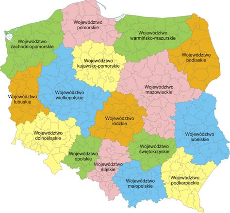 Mapa Polski kolorowanki do druku Kontury i województwa