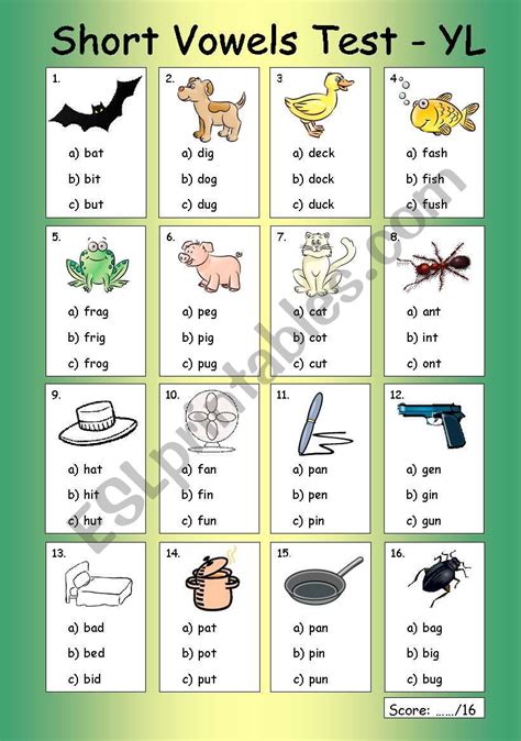 Very Young Learners Short Vowels Test Cvc Esl Worksheet By Philipr