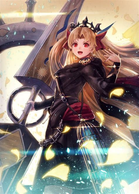 an anime character with long blonde hair and black outfit holding two large scissors in her hands