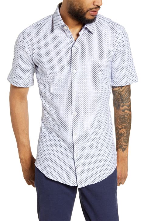 Boss Cotton Robb Slim Fit Microdot Short Sleeve Button Up Shirt In Blue