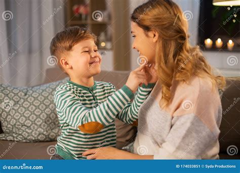 Happy Smiling Mother Talking To Her Son At Home Stock Image Image Of