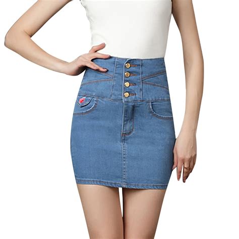 New Fashion Women Denim Skirt High Waist Embroidery Button Solid Slim Bodyon Ladies Mini Skirt