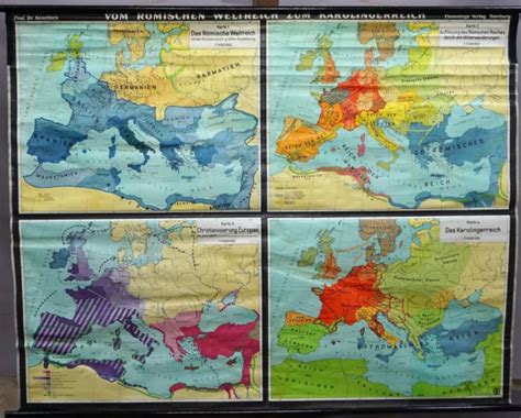 Vintage Rollable Map Wall Chart From Roman Empire To Carolingian Empire