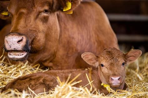Premium Photo Cow And Newborn Calf Lying In Straw At Cattle Farm
