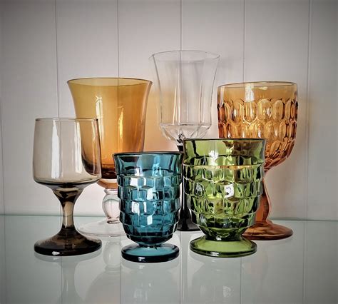 Set Of 6 Assorted Colored Glass Goblets Mismatched Vintage Etsy Vintage Wine Glasses