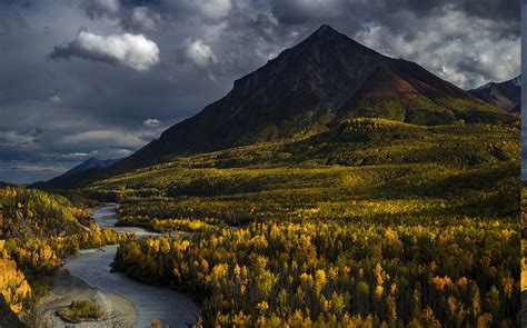 Nature Landscape Alaska Mountain Forest River Fall Clouds Trees