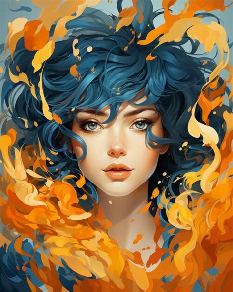 Premium Ai Image Painting Of A Woman With Blue Hair And Orange Flames