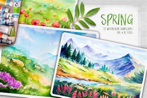 Spring Landscapes Watercolor By Alexg Design Bundles