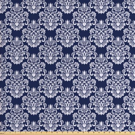Navy Blue Fabric By The Yard Abstract Floral Damask With Antique