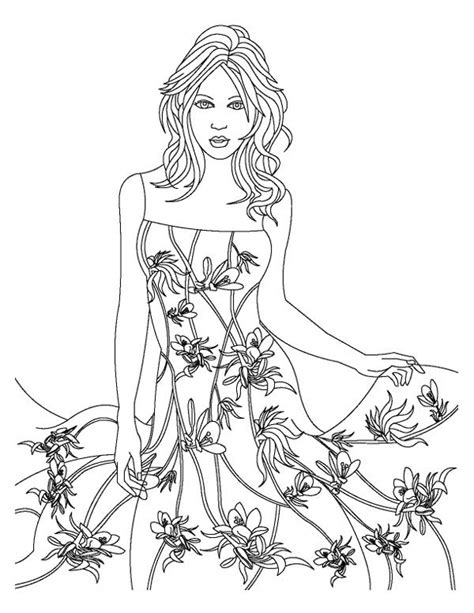 Fashion Model Wear Floral Theme Dress Coloring Page Coloring Sky