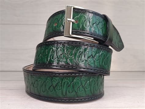 Gradient Green Leather Belt Mens Belt Embossed Belt Belt Etsy
