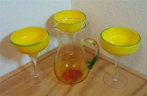 3 Yellow Crate And Barrel Margarita Glasses Green Rim Holds 8 Ozs And A Pitcher 60 00 For
