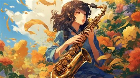Premium Ai Image Anime Girl Playing Saxophone In A Field Of Flowers