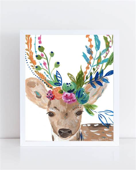 Deer With Flower Crown By Bari J Artideas Art Deer Art Print Deer