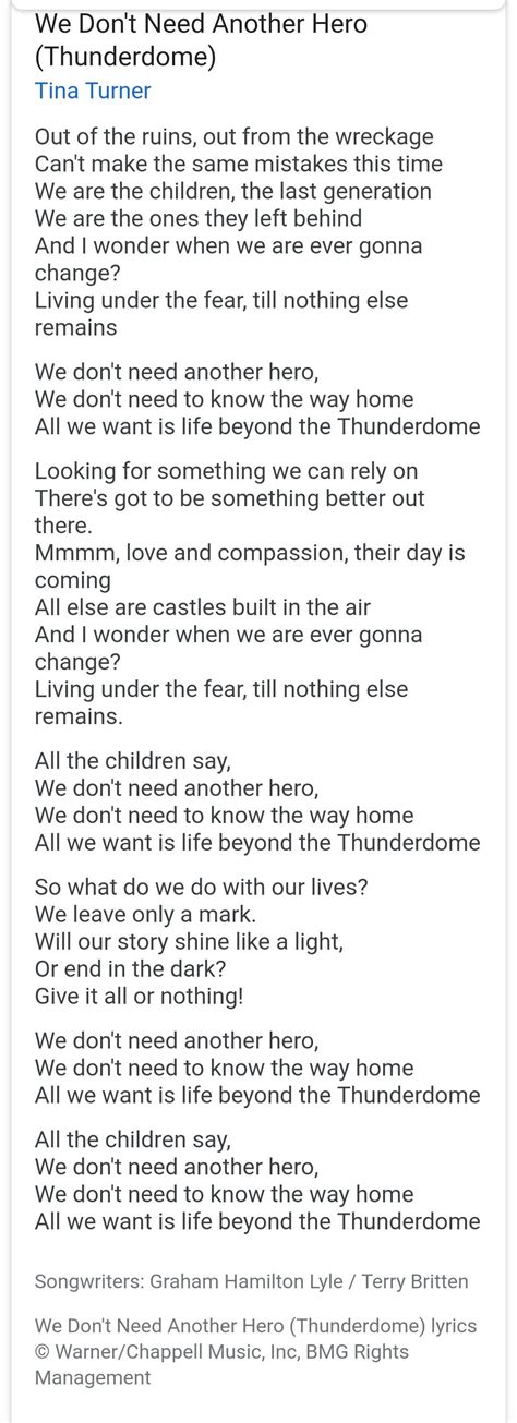 Tina Turner We Dont Need Another Hero Thunderdome Lyrics Music