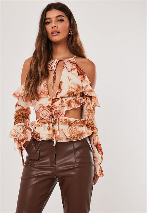 Orange Smoke Print Frill Cut Out Blouse | Missguided