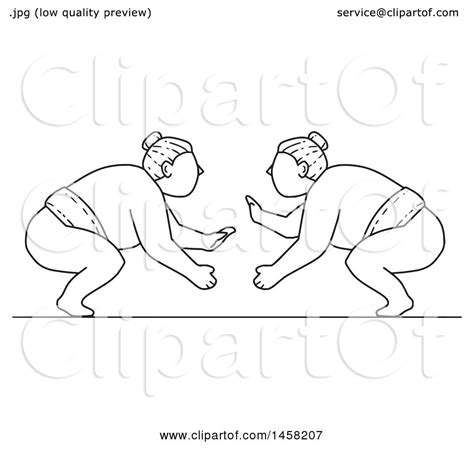 Clipart Of A Match Between Sumo Wrestlers In Black And White Lineart