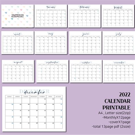 2022 Calendario Mensual I Imprimible Pdf Planner Plantilla I Etsy